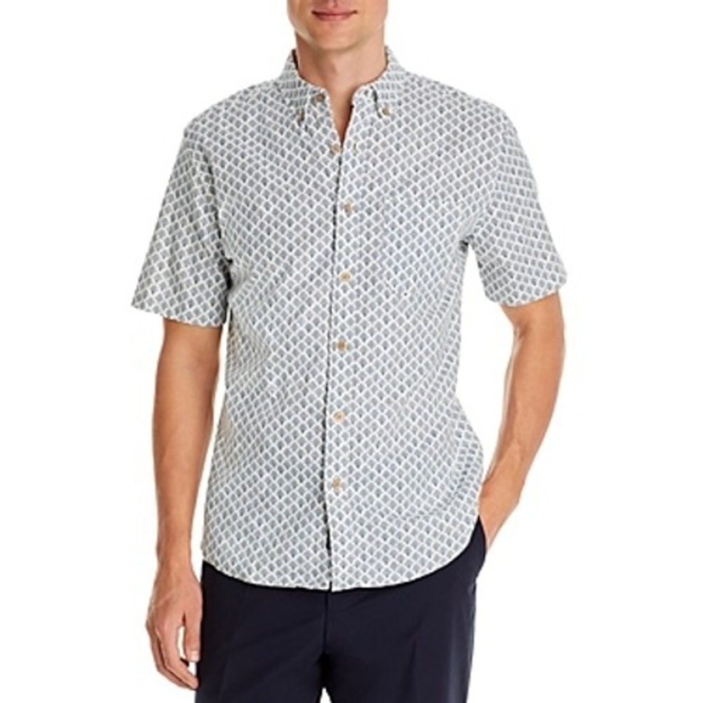 Faherty Breeze Shell Print Button Down Shirt Mens L Blue Hemp Blend Short Sleeve